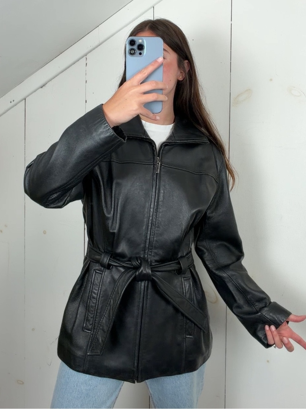 JLC Black Genuine Leather Full Zip Belted Jacket Women’s Medium Funnel Neck Y2K